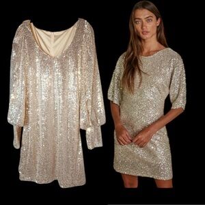 Sequin 3/4 Sleeve Shift Dress with inner lining--Gold Champagne XL 12/14